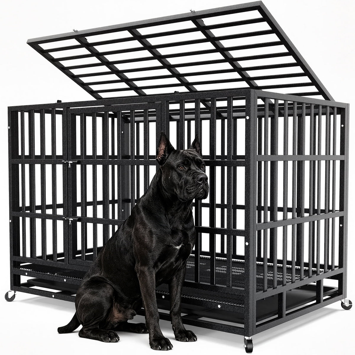 YOKWOK 48 Inch Heavy Duty Dog Crate, Indestructible Steel Chew & Escape Proof Dog Cage for Large High Anxiety Dogs, XL Metal Dog Kennel with Locking