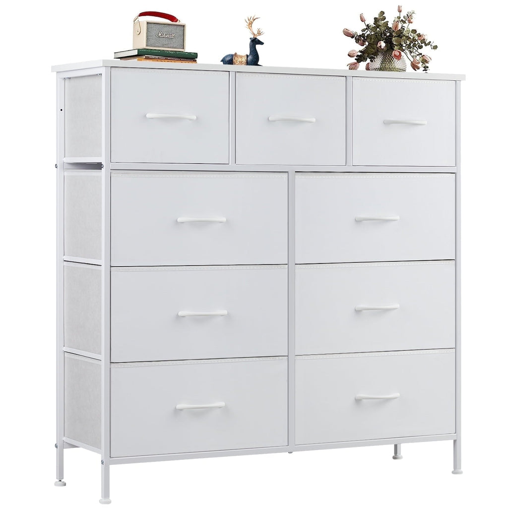 edx Fabric Storage Dresser with 9 Drawers, Steel Frame and Wooden Top for Bedroom, Closet and Entryway , White