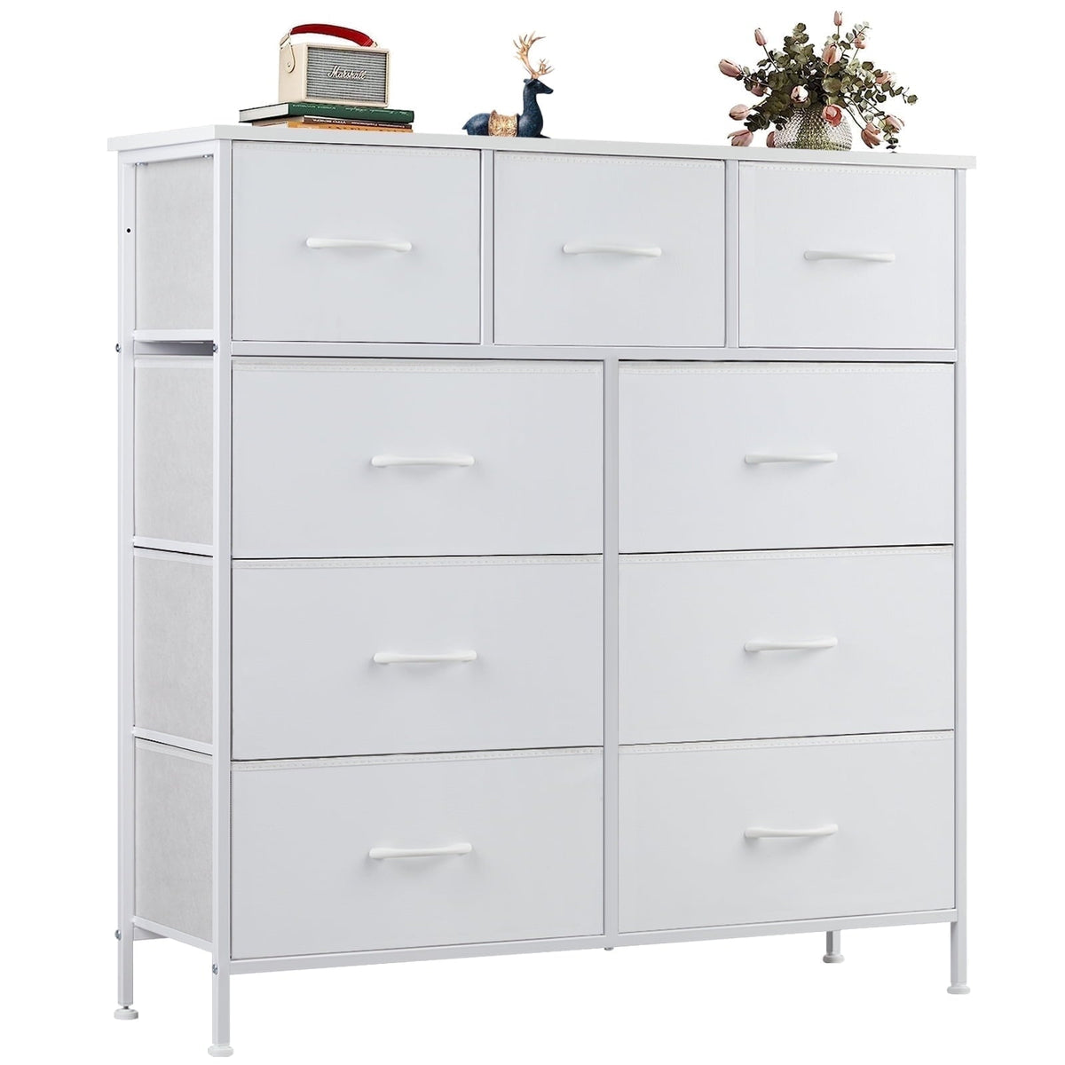 edx Fabric Storage Dresser with 9 Drawers, Steel Frame and Wooden Top for Bedroom, Closet and Entryway , White