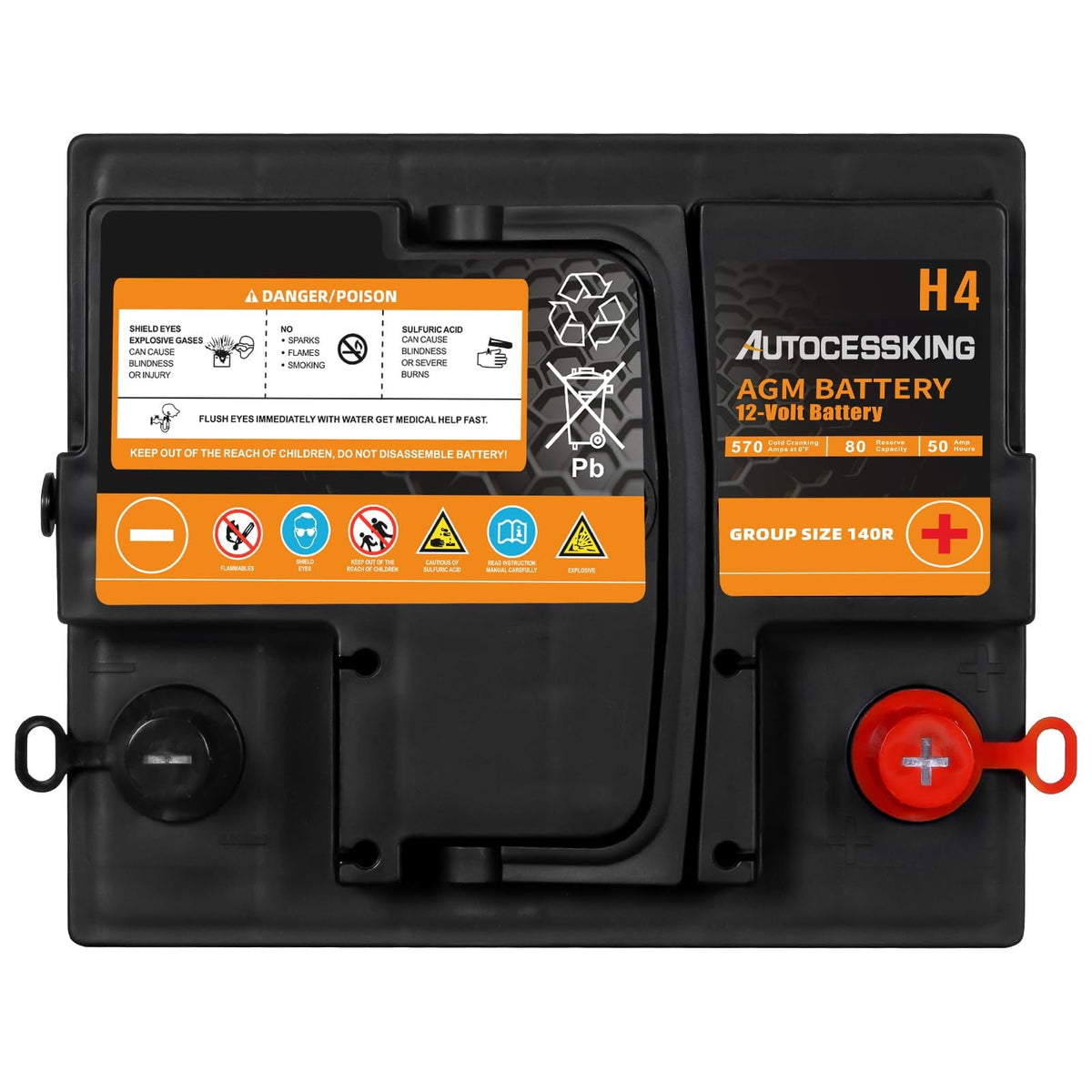 Autocessking Platinum AGM Battery, Group 140R Rechargeable Automotive Batteries for Car, H4 12 Volt 570 CCA 50Ah 80RC