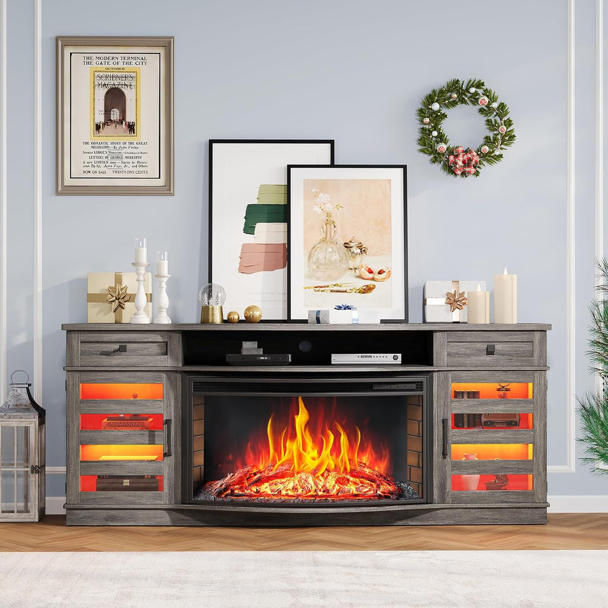AMERLIFE 70in Farmhouse Fireplace TV Stand With 36in Curved Electric Fireplace, 2 Drawers, Wash Gray