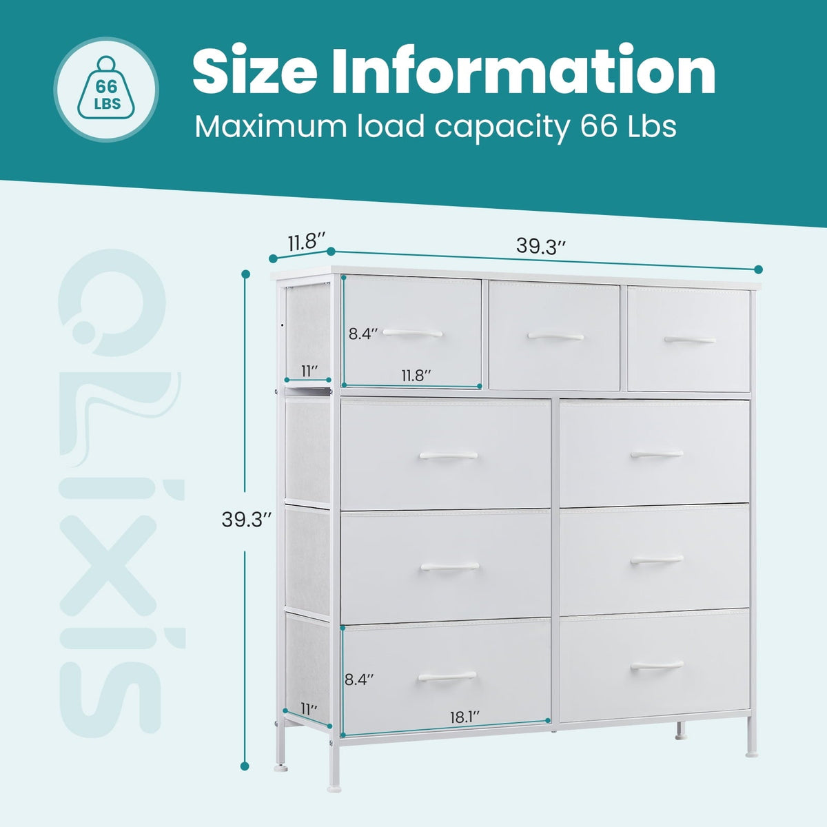 edx Fabric Storage Dresser with 9 Drawers, Steel Frame and Wooden Top for Bedroom, Closet and Entryway , White
