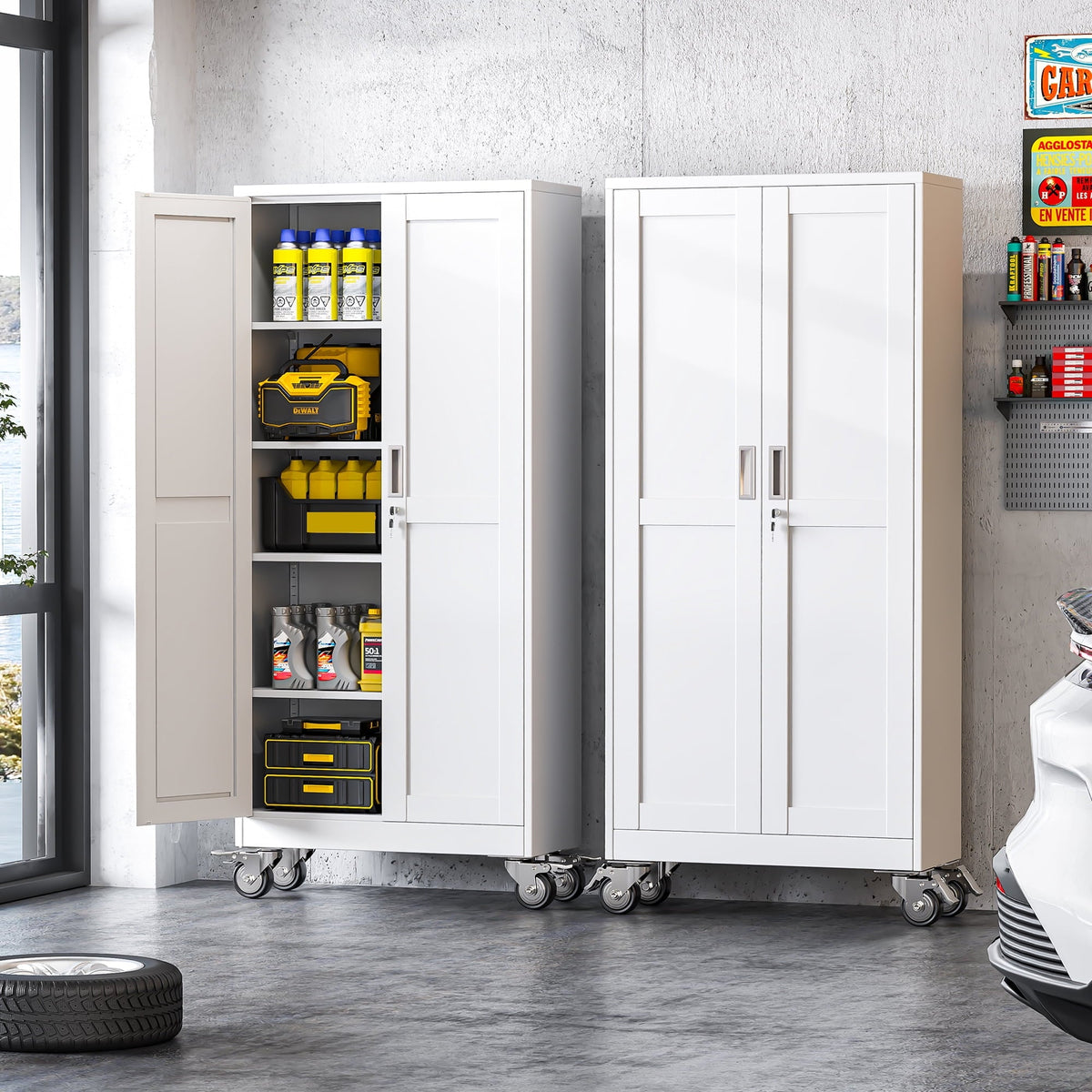 Erosoei 61"H Metal Garage Storage Cabinet with Wheels, Tool Storage Cabinet with 3 Adjustable Shelves