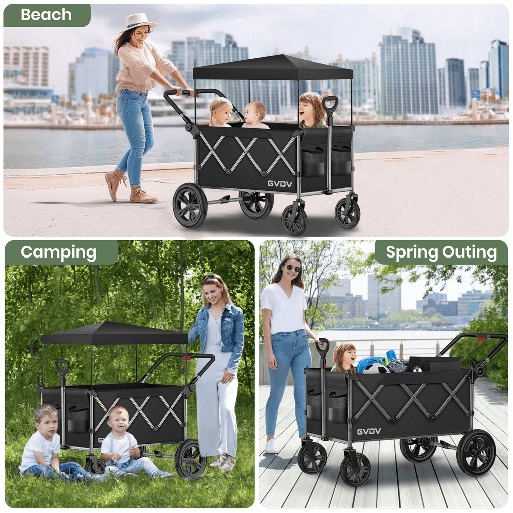 GVDV Wagon Stroller for Kids, 3-in-1 Collapsible Double Stroller Wagon for Toddlers with Removable Canopy, 5-Point Harness, Pull & Push Handle and