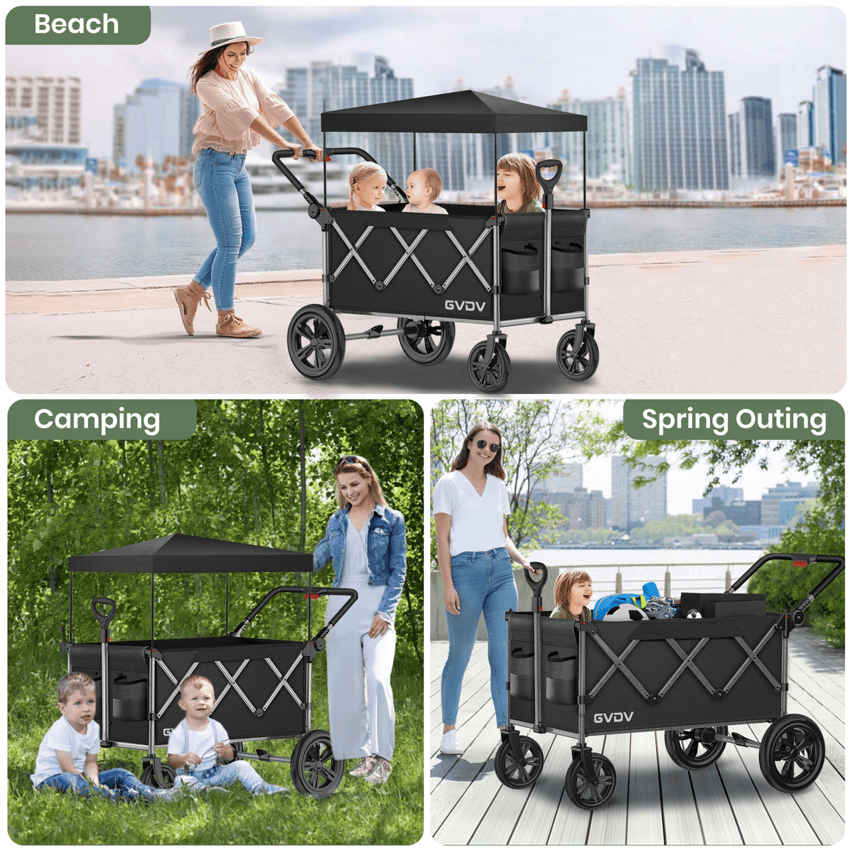 GVDV Wagon Stroller for Kids, 3-in-1 Collapsible Double Stroller Wagon for Toddlers with Removable Canopy, 5-Point Harness, Pull & Push Handle and