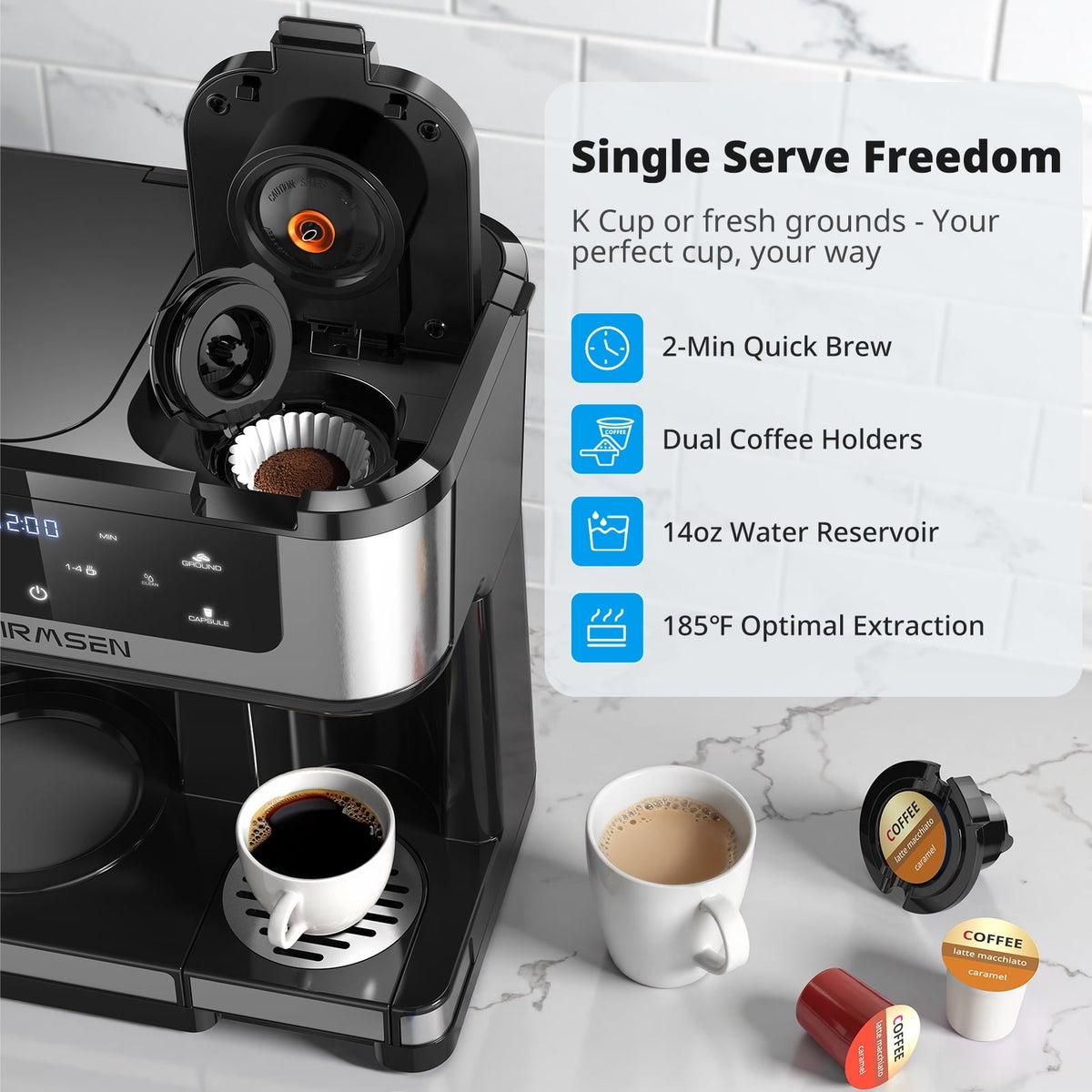 AIRMSEN 12-Cup Drip Coffee Maker with K Cup Combo, Programmable Coffee Machine with 1-4 Cup Setting, Single Serve or Coffee Pot, Auto Shut-off, Spill