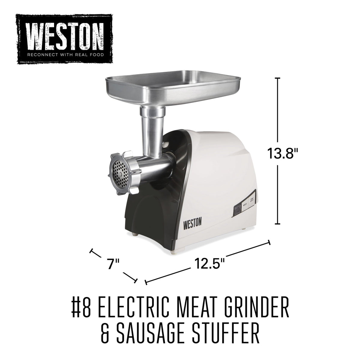 Weston #8 Electric Meat Grinder & Sausage Stuffer, Grinds 2-3 Pounds Per Minute, 575 Watts, White