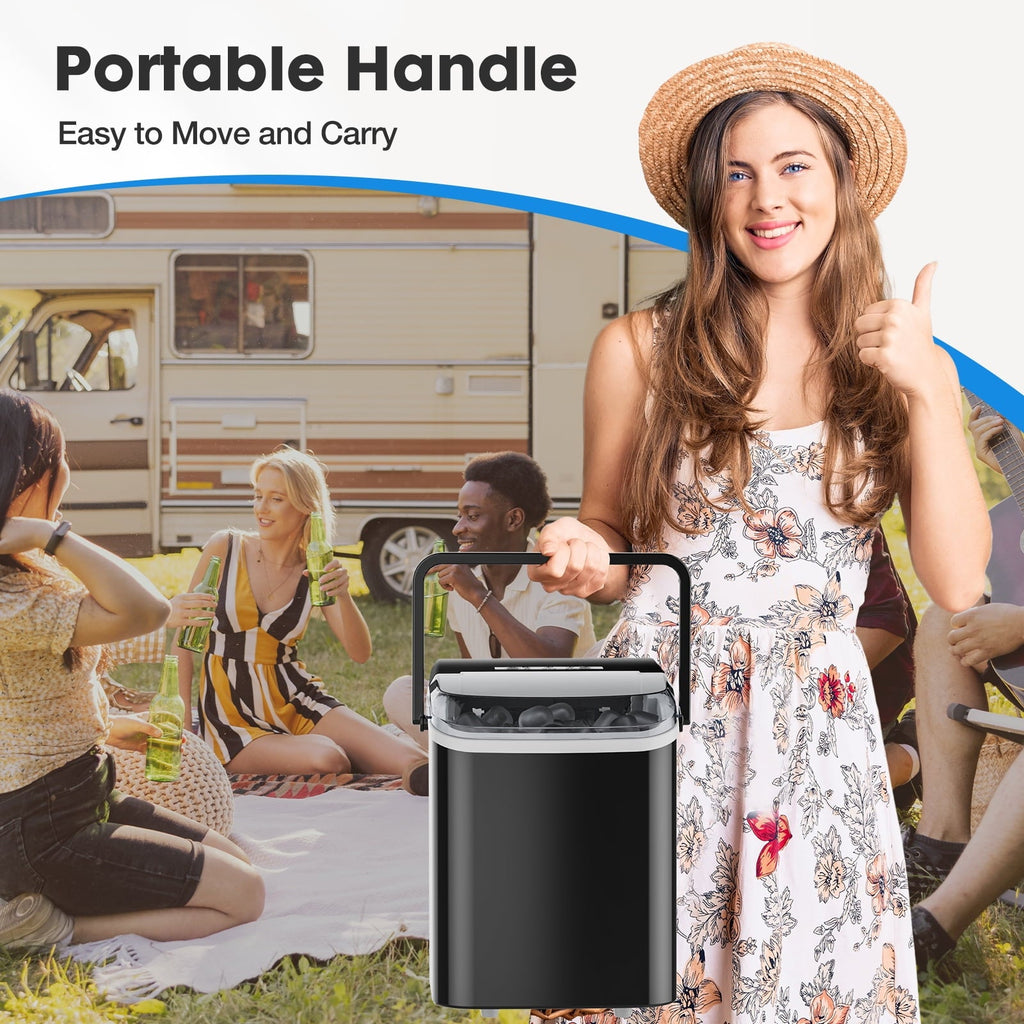 EDX Countertop Ice Maker, Self-Cleaning Portable Ice Maker Machine with Handle and Ice Scoop 9Pcs/6Min 26.5Lbs/24H Black