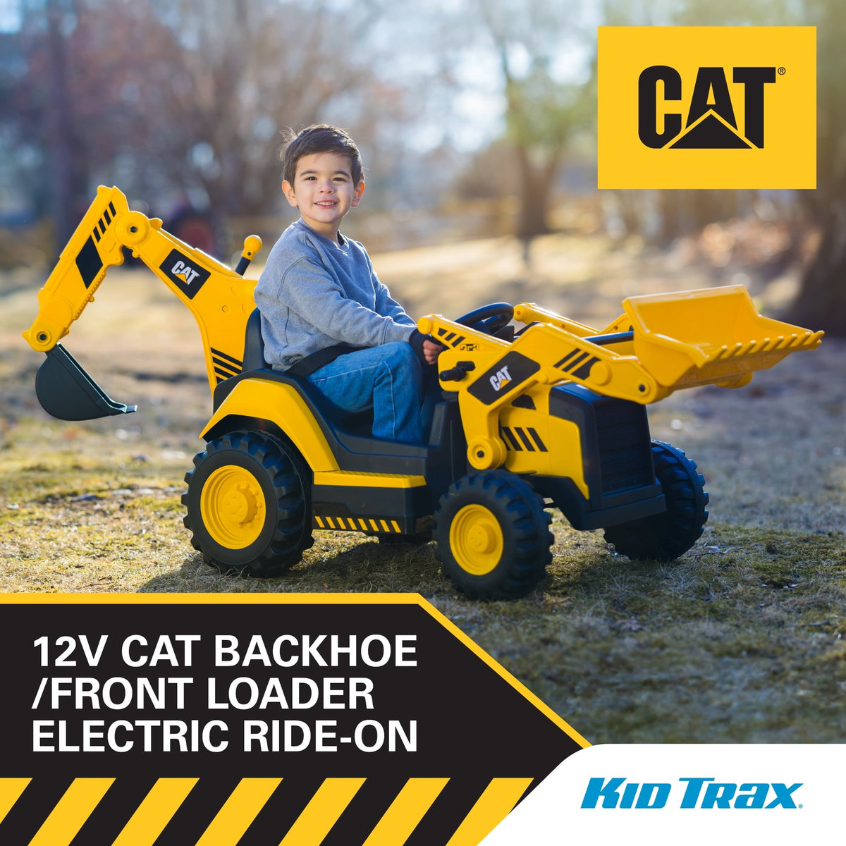 Kid Trax 12V CAT Backhoe Loader Ride-On Excavator with Working Loaders, MP3, Real Sounds, Ages 36