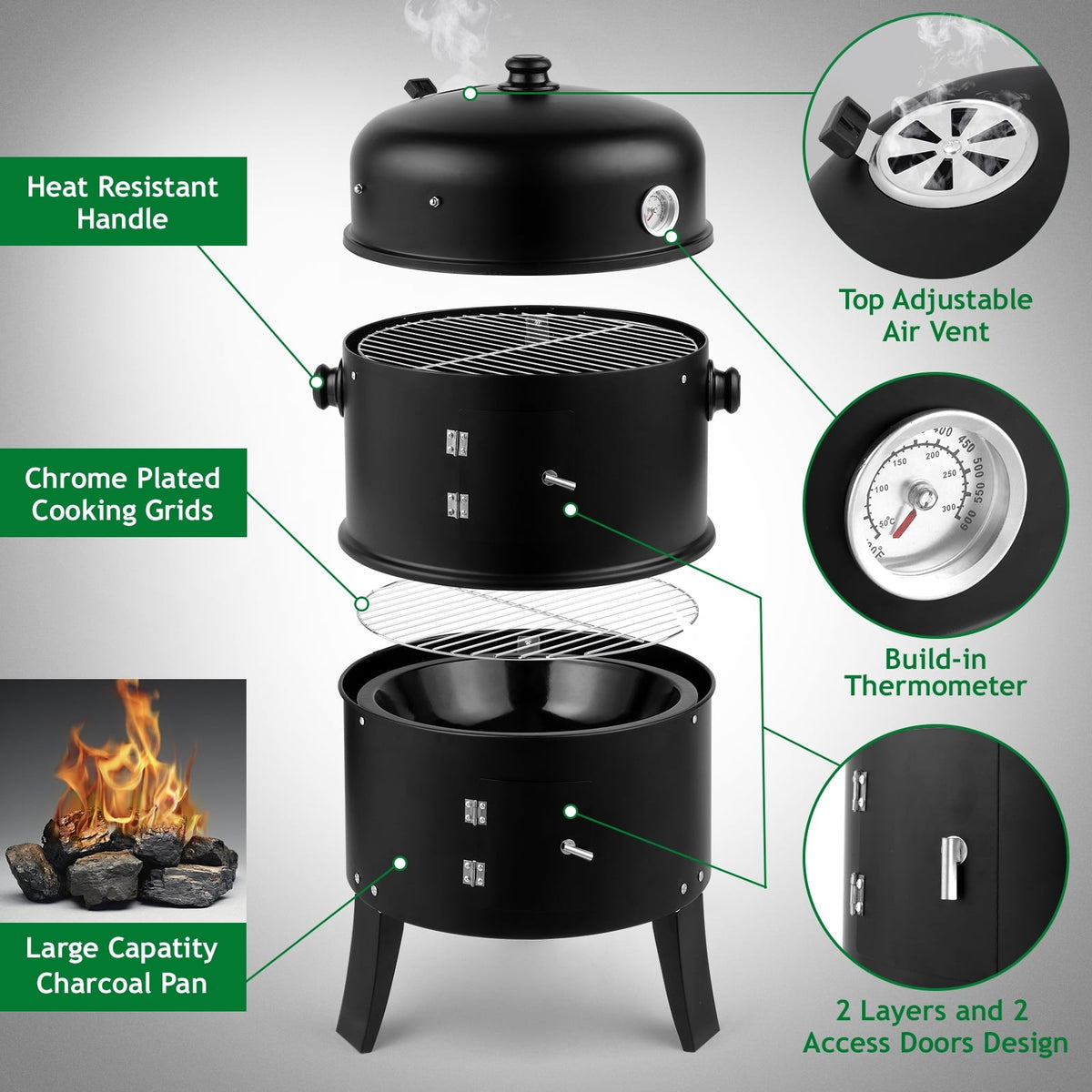 Zimtown BBQ Charcoal Grill Outdoor Barbecue Pit Smoker with 3 Levels Patio Backyard Black