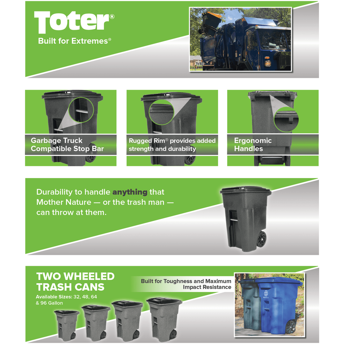 Toter 48-gallon black garbage can with wheels and lid