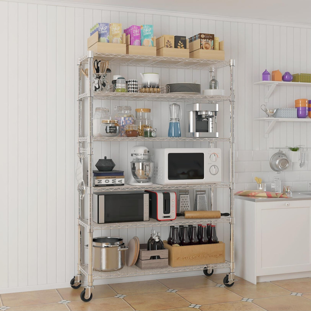 Ktaxon 6 Tier Wire Shelving with Wheels 2400lbs Capacity, Heavy Duty Storage Rack for Home Garage, 46"W x 18"D x 82"H Adjustable Shelves, Silver