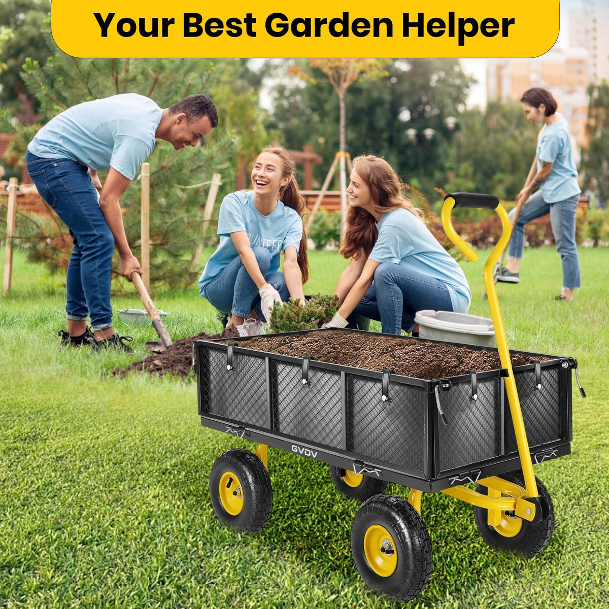 GVDV Heavy Duty Steel Garden Cart with Liner, 40" x 20", 660lbs Capacity, 10" Wheel, Utility Cart for Yard Work Hauling and Outdoor Use, Black/Yellow