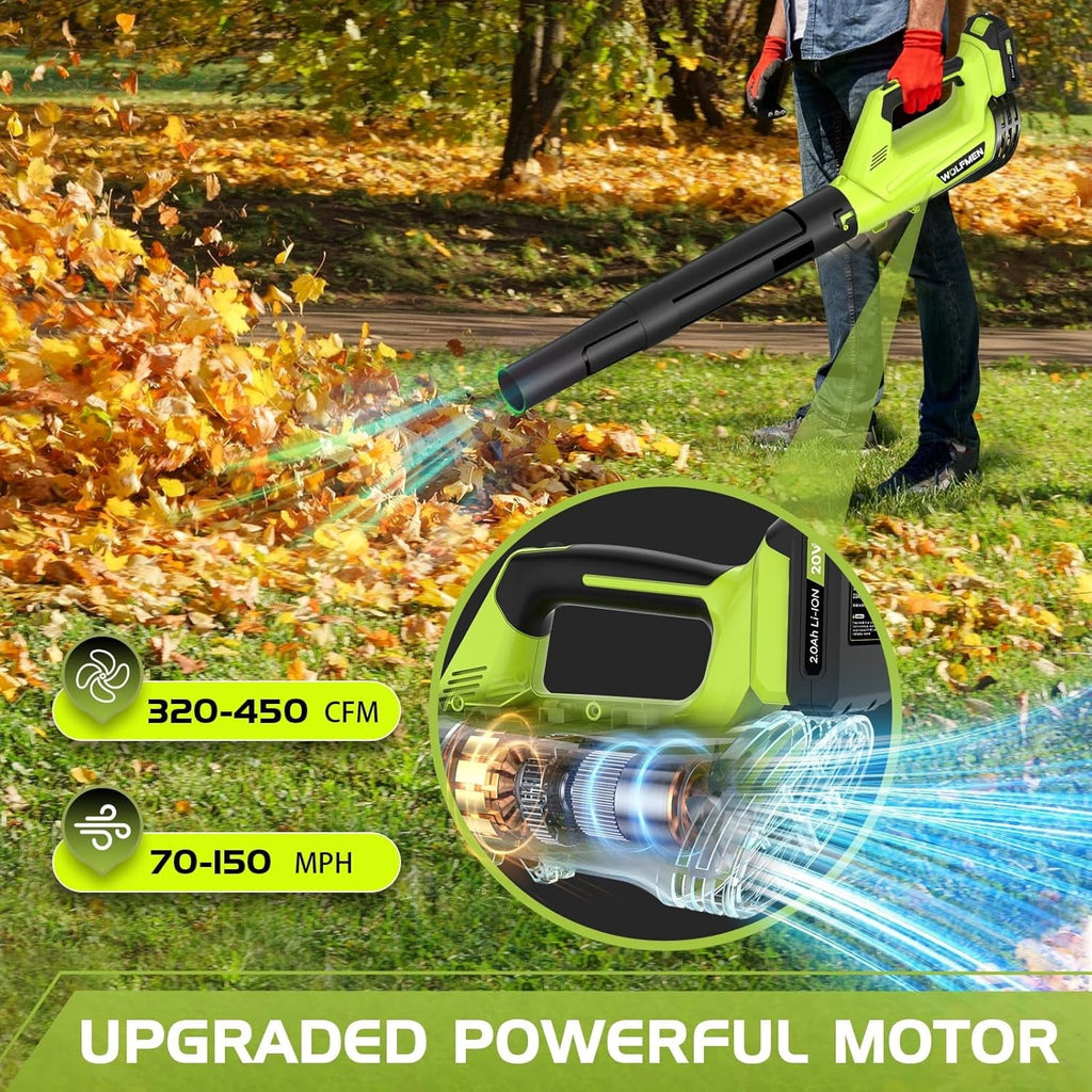 DARKIRON Cordless Leaf Blower, 20V Leaf Blower with 2 x 2.0Ah Batteries & Charger, Up to 450CFM/150MPH, 2 Variable Speed, Lightweight for Blowing