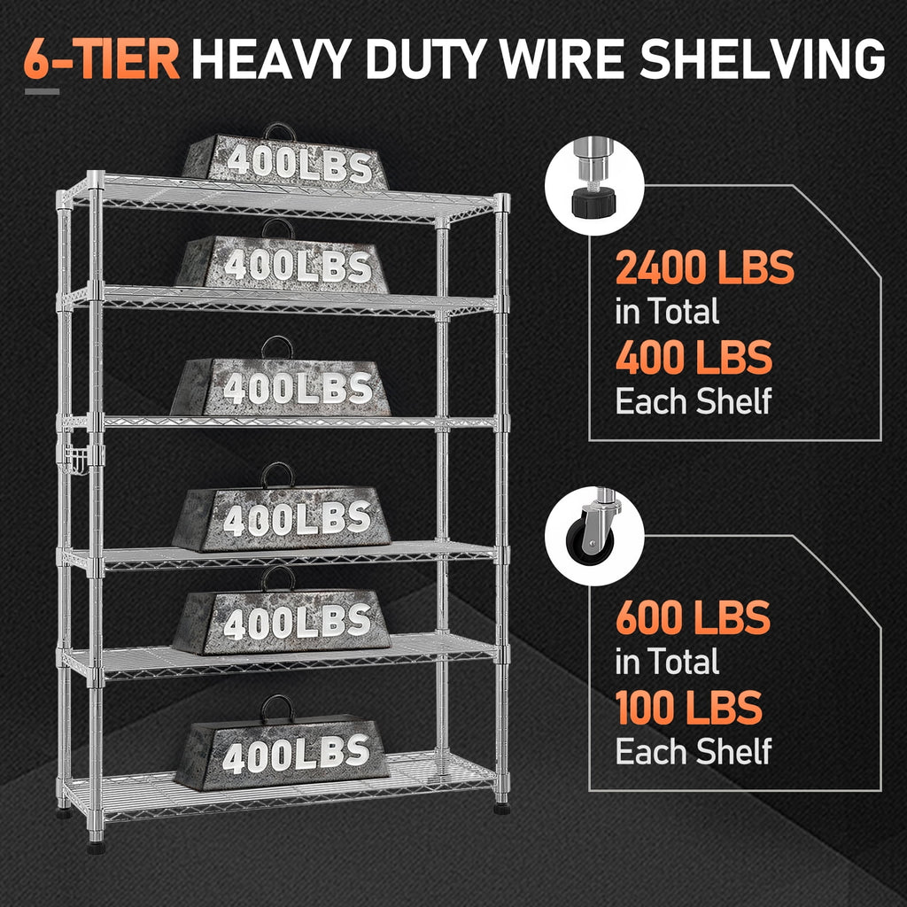Ktaxon 6 Tier Wire Shelving with Wheels 2400lbs Capacity, Heavy Duty Storage Rack for Home Garage, 46"W x 18"D x 82"H Adjustable Shelves, Silver