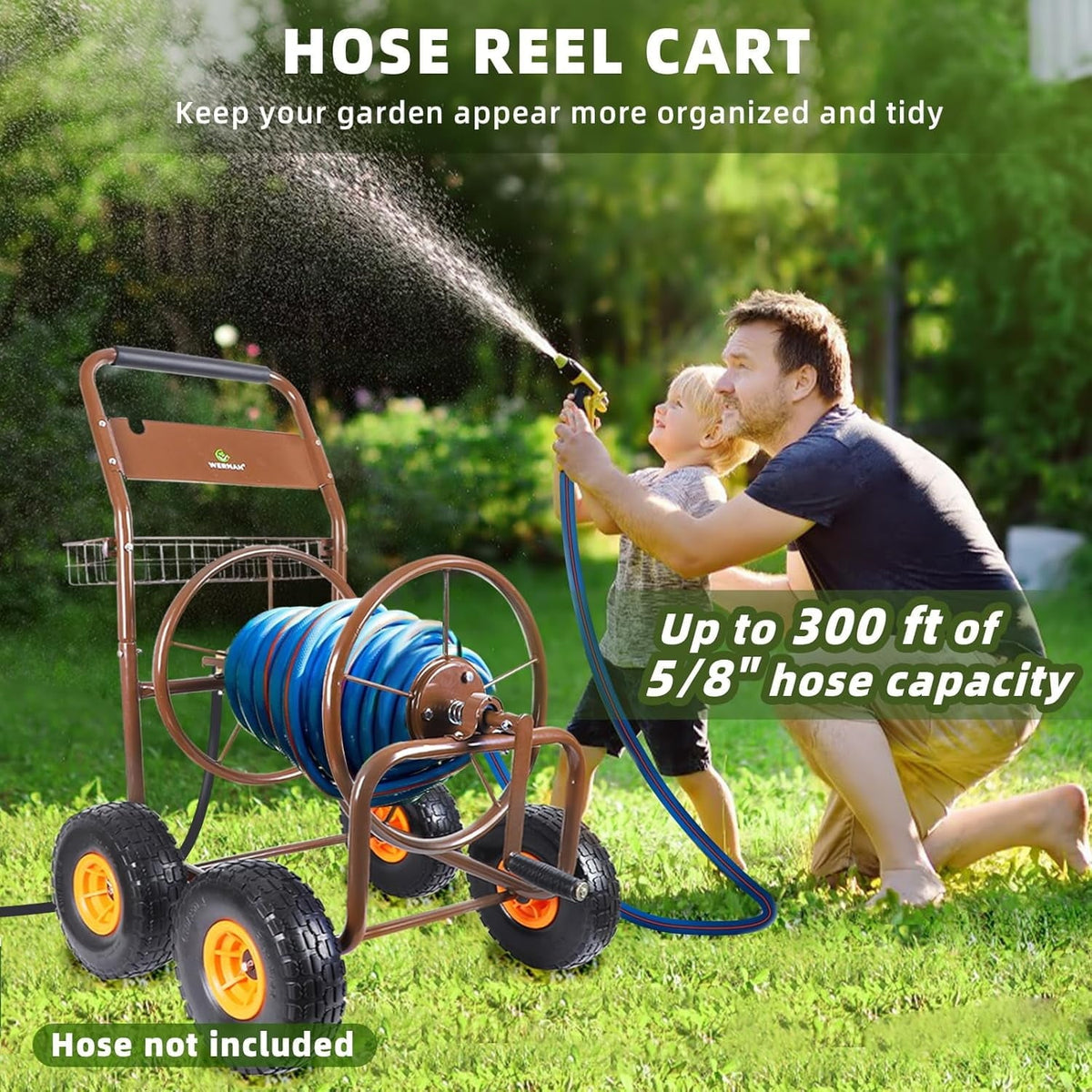 WERHAM 4-Wheel Garden Hose Reel Cart, Holds 300 ft 5/8" Hose, Heavy Duty for Yard Lawn Outdoor