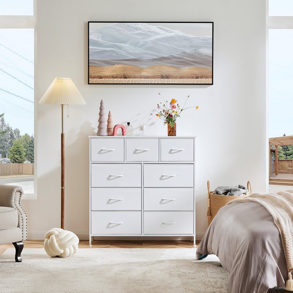 edx Fabric Storage Dresser with 9 Drawers, Steel Frame and Wooden Top for Bedroom, Closet and Entryway , White