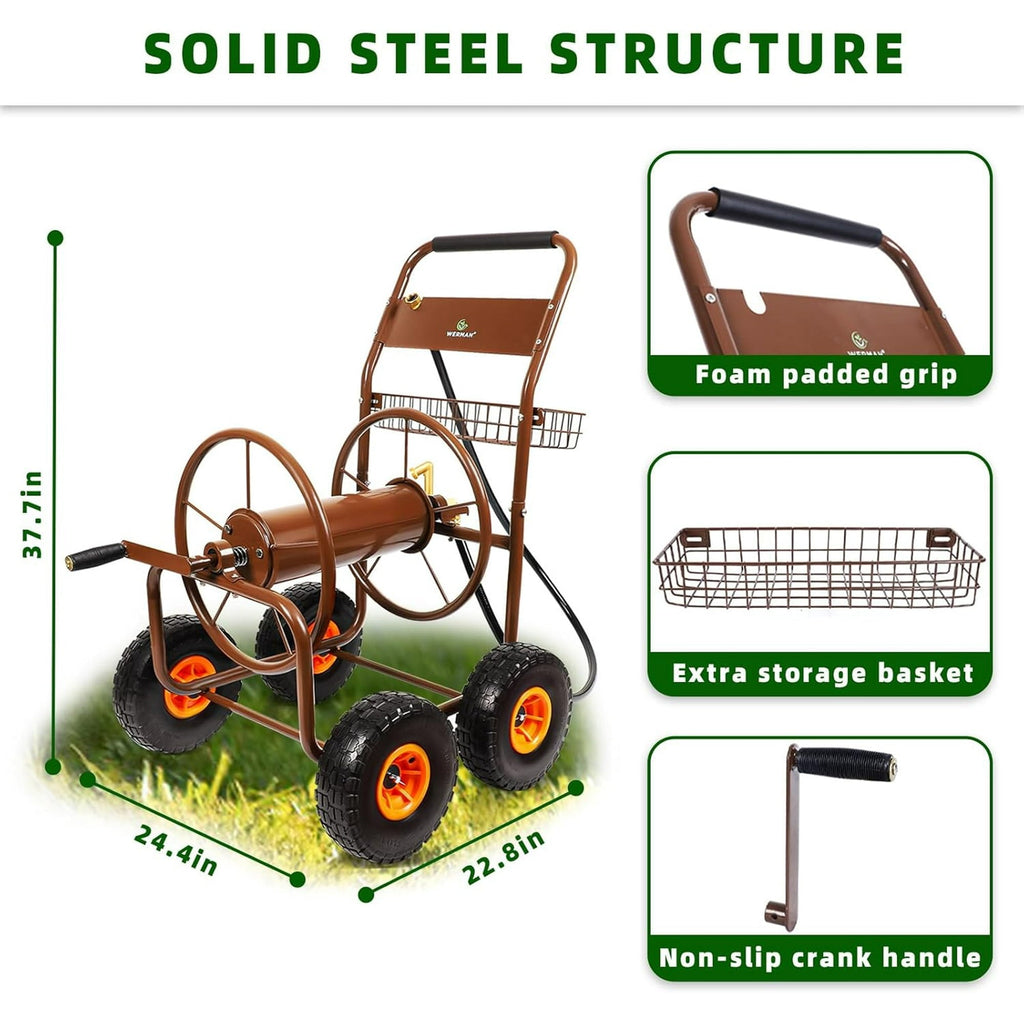 WERHAM 4-Wheel Garden Hose Reel Cart, Holds 300 ft 5/8" Hose, Heavy Duty for Yard Lawn Outdoor