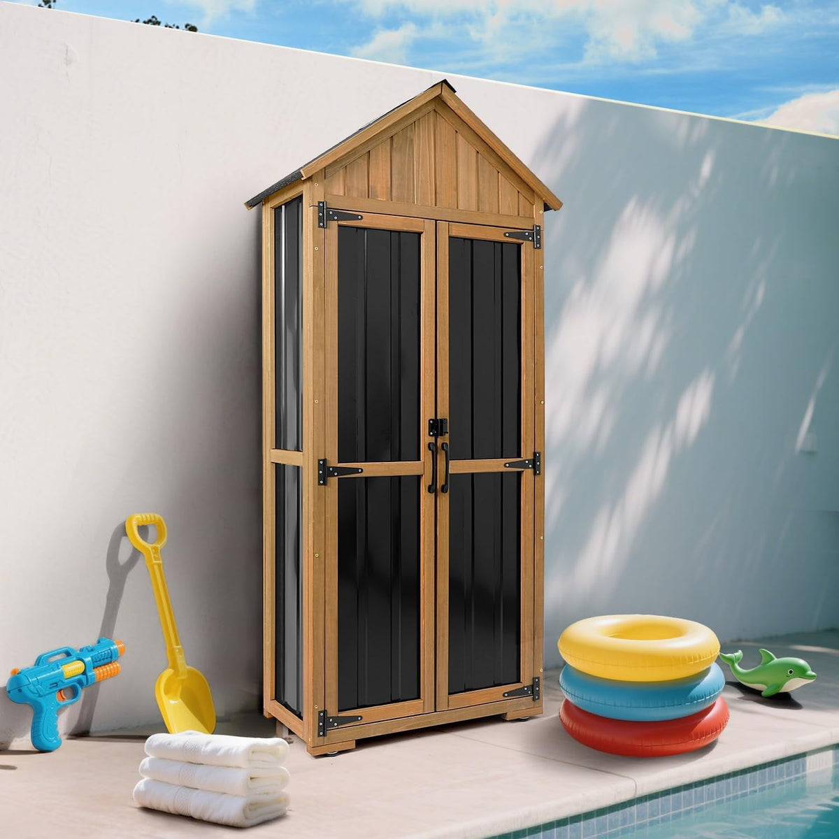 PETSCOSSET Outdoor Storage Cabinet Weatherproof Tall Cabinet with 3 Adjustable Shelves