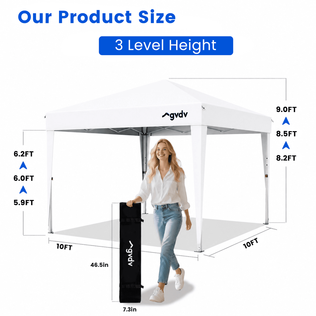 GVDV 10x10 Pop Up Canopy Tent, Instant Straight Leg Canopy, Outdoor Shading Shelter, White