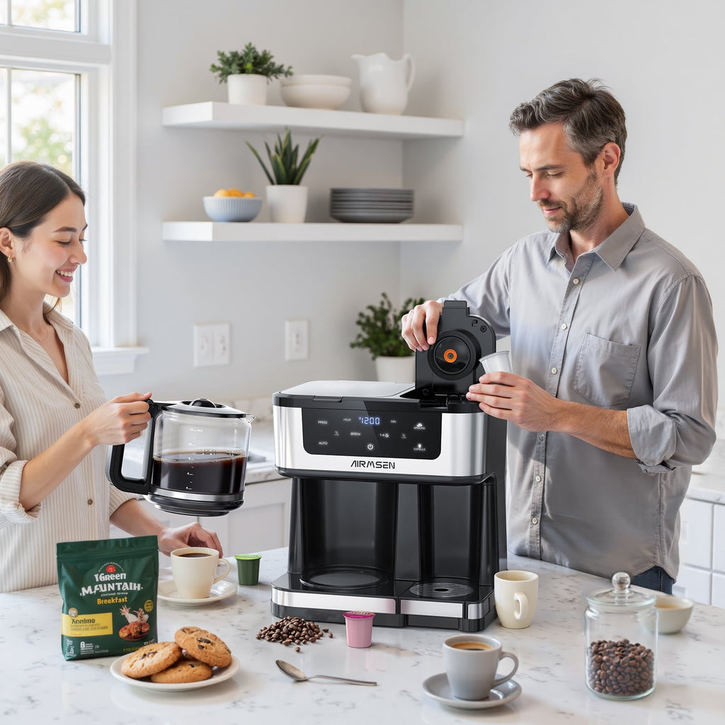 AIRMSEN 12-Cup Drip Coffee Maker with K Cup Combo, Programmable Coffee Machine with 1-4 Cup Setting, Single Serve or Coffee Pot, Auto Shut-off, Spill