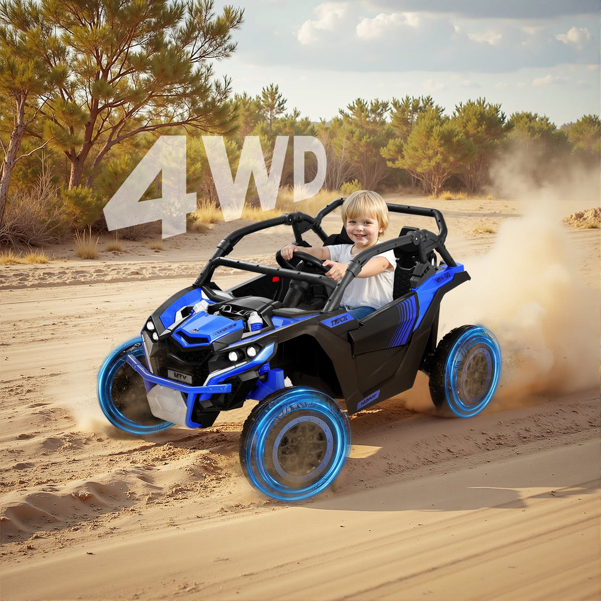 Wisairt 24V Ride on Toys 4WD Ride on Cars with Remote Control, 2 Seater Electric Car for Kids, Power Car Wheels, UTV w/ 4 Motors, Music, Lights, 3