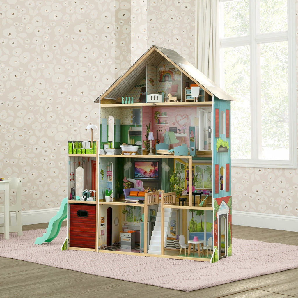 Delta Children Deluxe Maui Dollhouse with 50 Accessories - Large Wooden 4-Story Dollhouse with 12 Rooms - Working Elevator, Slide, Lights/Sounds