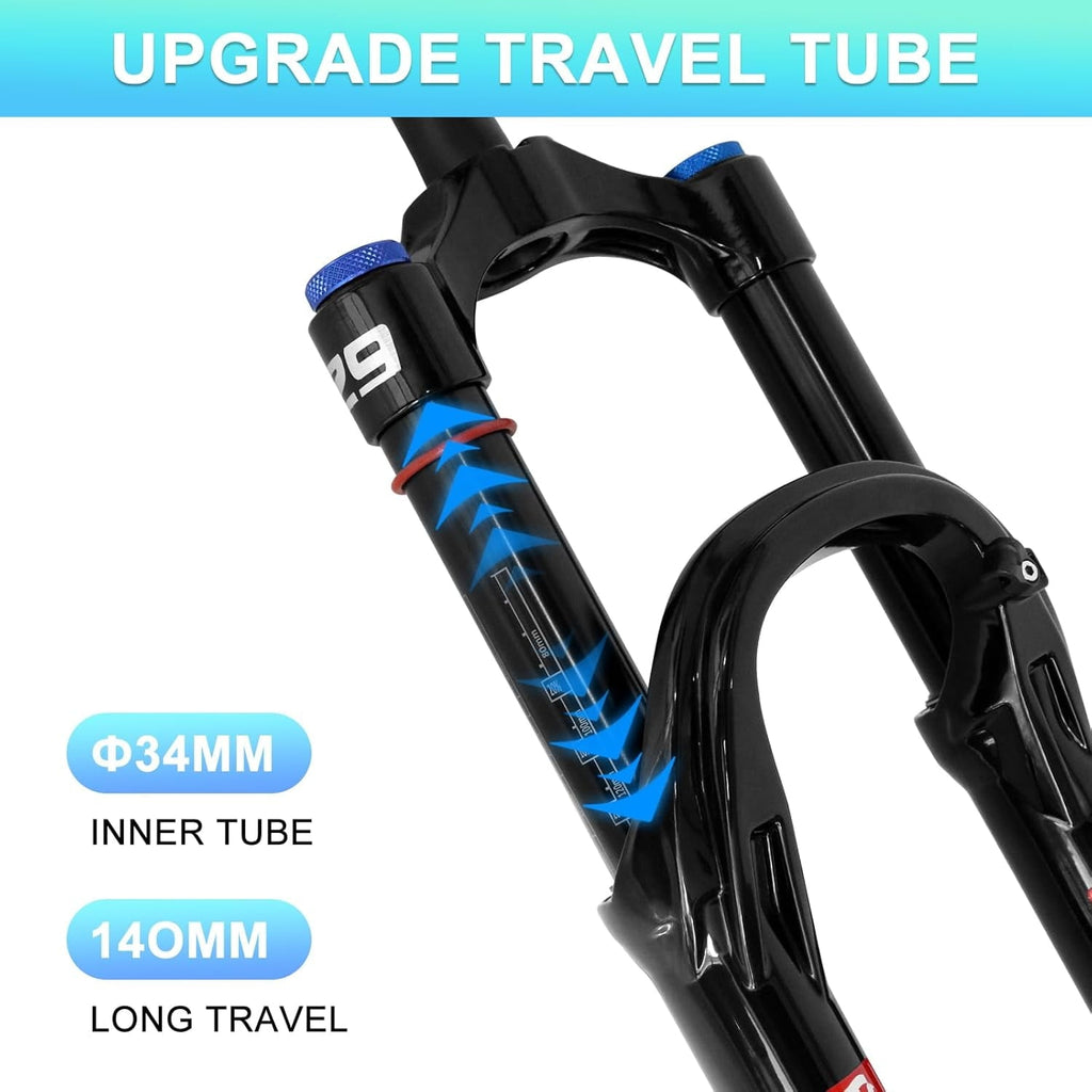 ZTZ 26/27.5/29 inch MTB Air Suspension Fork, Upgraded 34mm Stanchions & 140mm Travel, Rebound Adjust, Straight Steerer, 9x100mm QR, Manual Lockout