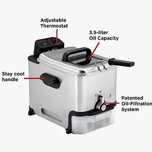 T-Fal Ultimate Steel Deep Fryer With Basket, 3.5 Liter Oil And 2.6 Pound Food Capacity - EZ Clean Pro