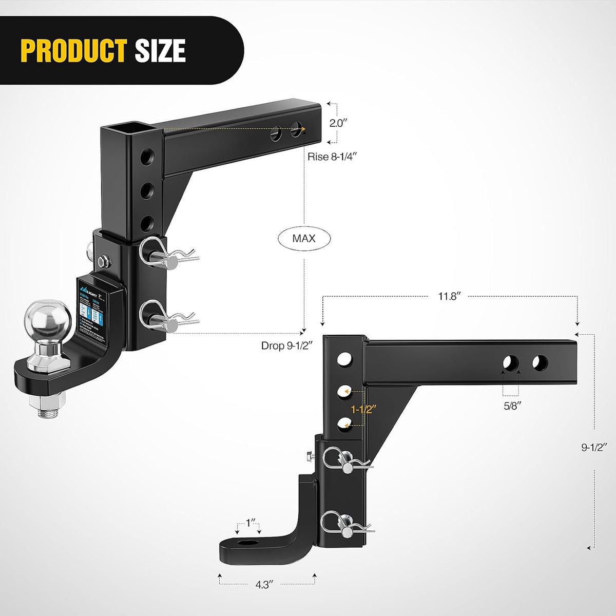 Nilight 8-Position Adjustable Trailer Hitch Ball Mount with 2 inch Ball Fits 2 Inch Receiver with 5/8" Pin Lock 7500 lbs, 9-1/2" Drop, 8-1/4" Rise