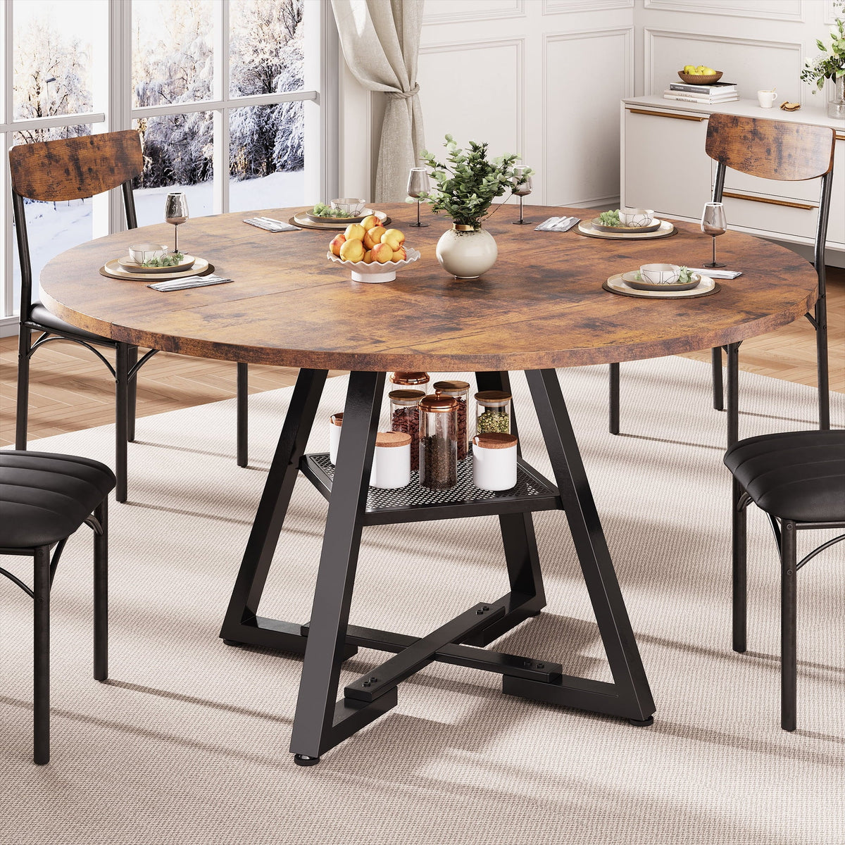 HiJob 47 inch Wood Dining Table for 4, Round Kitchen Dining Table with Storage Shelf for Home Dining Room Living Room, Brown(Only Table)