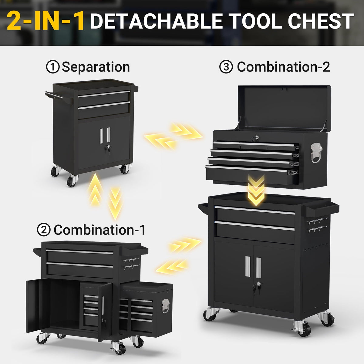 Seizeen 2-IN-1 Tool Box & Cabinet, Large Capacity 8-Drawer Rolling Tool Chest Organizer with Wheels Lockable, Black Metal Tool Cart Garage Storage