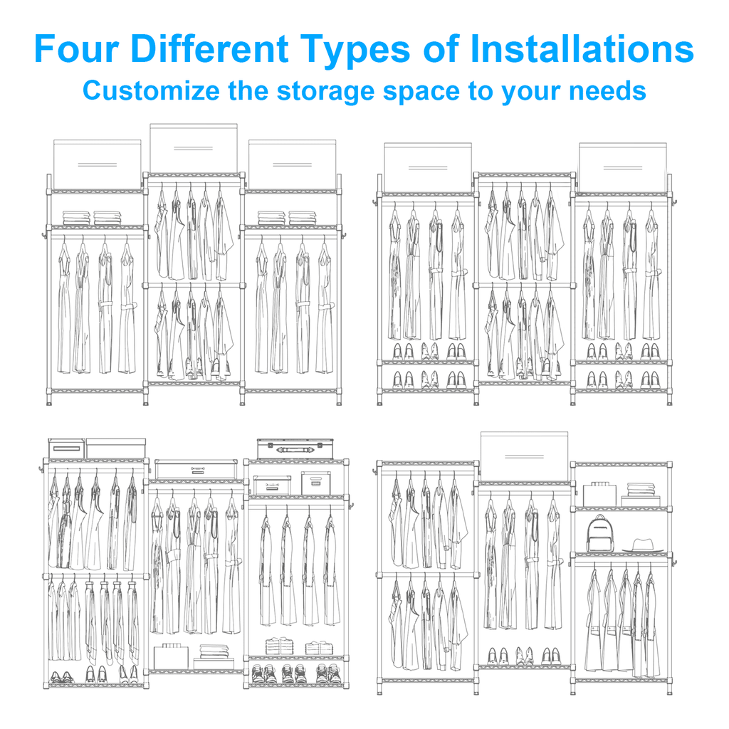 Ulif E13C Heavy Duty Closet Organizer System，Freestanding Clothing Racks for Hanging Clothes，Adjustable Garment Rack 63" W x 16" D x 77" H Hold 960