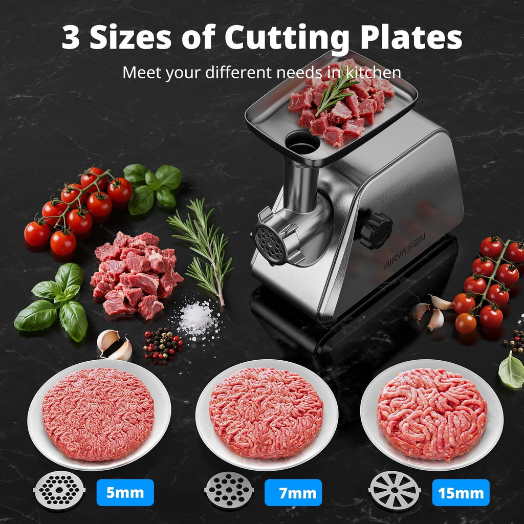 AIRMSEN Stainless Steel Meat Grinder, Electric 3 in 1 Meat Mincer with 2 Blades & 3 Plates, Sausage & Kubbe Maker Kit, Fixed Lock, Double Switch
