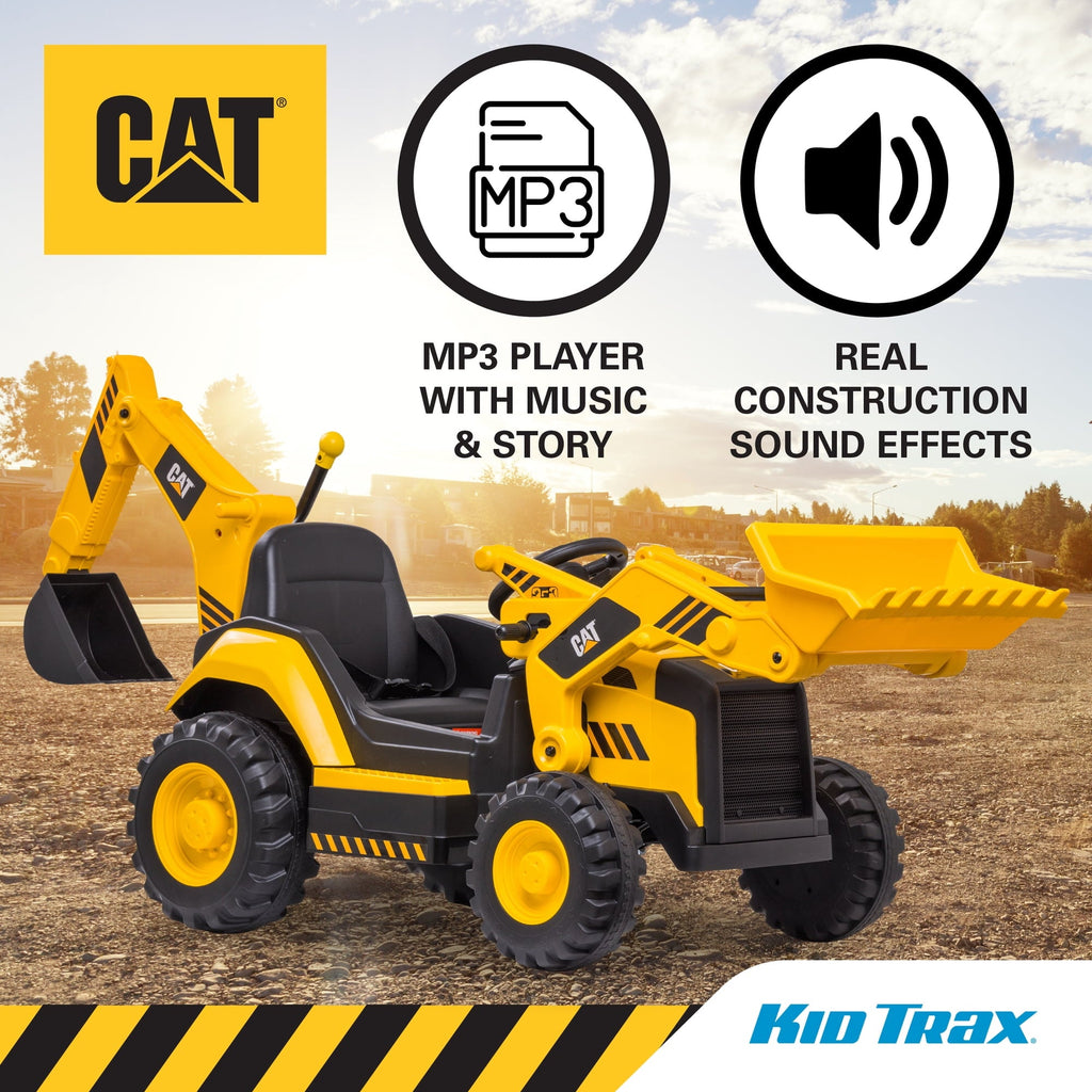 Kid Trax 12V CAT Backhoe Loader Ride-On Excavator with Working Loaders, MP3, Real Sounds, Ages 36