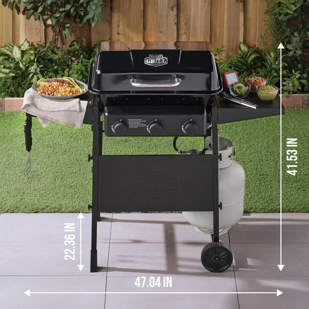 Expert Grill 3-Burner Propane Gas Grill with Side Shelves and Wheels, Black