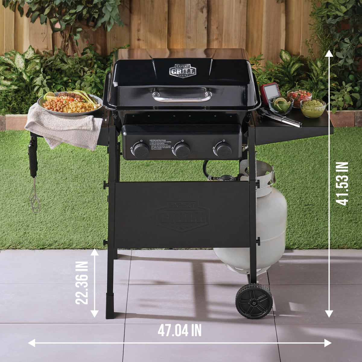 Expert Grill 3-Burner Propane Gas Grill with Side Shelves and Wheels, Black