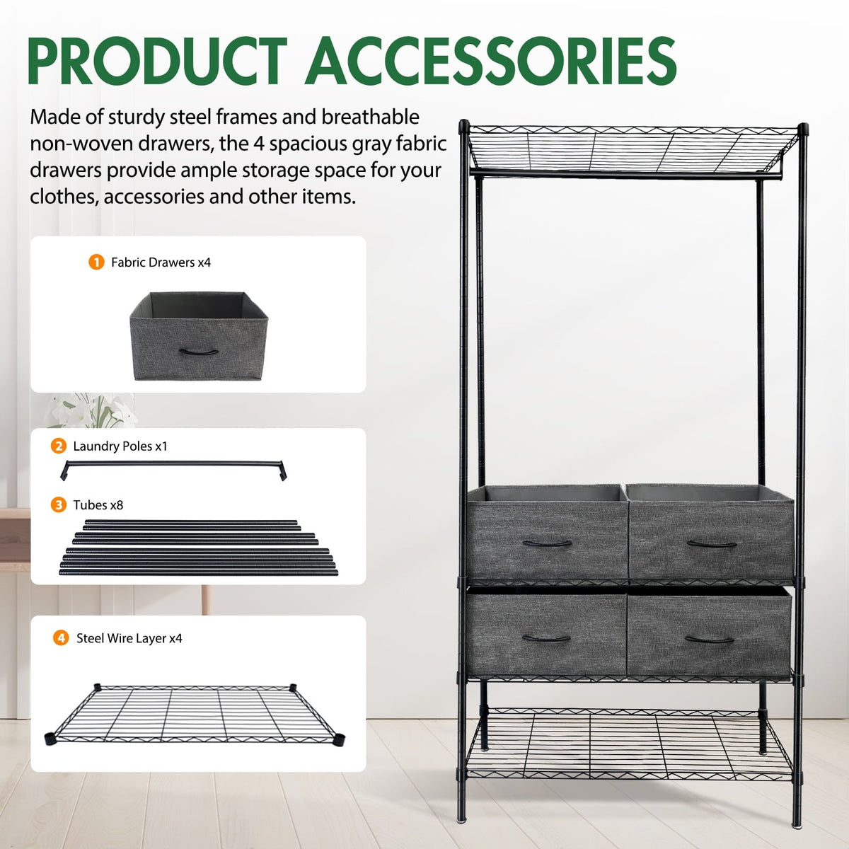 71"H Heavy Duty Clothes Rack, Max Load 445 LBS, Freestanding 3-Tier Wire Garment Rack for Hanging Clothes with Shelves, Closet Organizers and Storage
