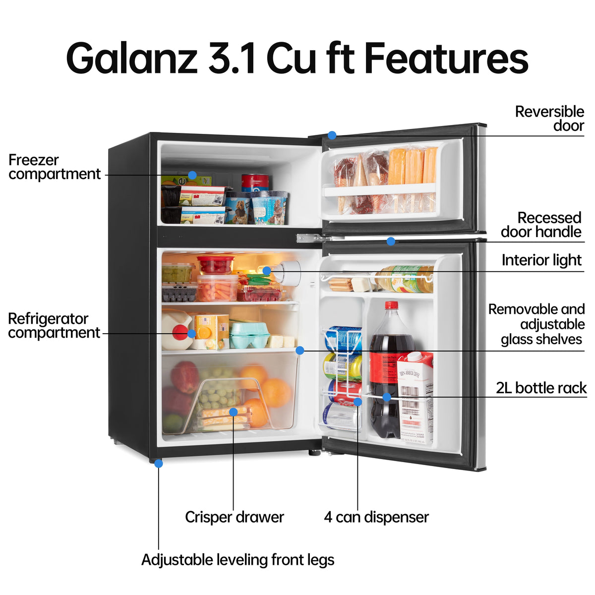 Galanz 3.1 Cu Ft Two Door Mini Fridge With Freezer Stainless Steel - Energy star certified, compact and efficient for dorms, offices, and small spaces