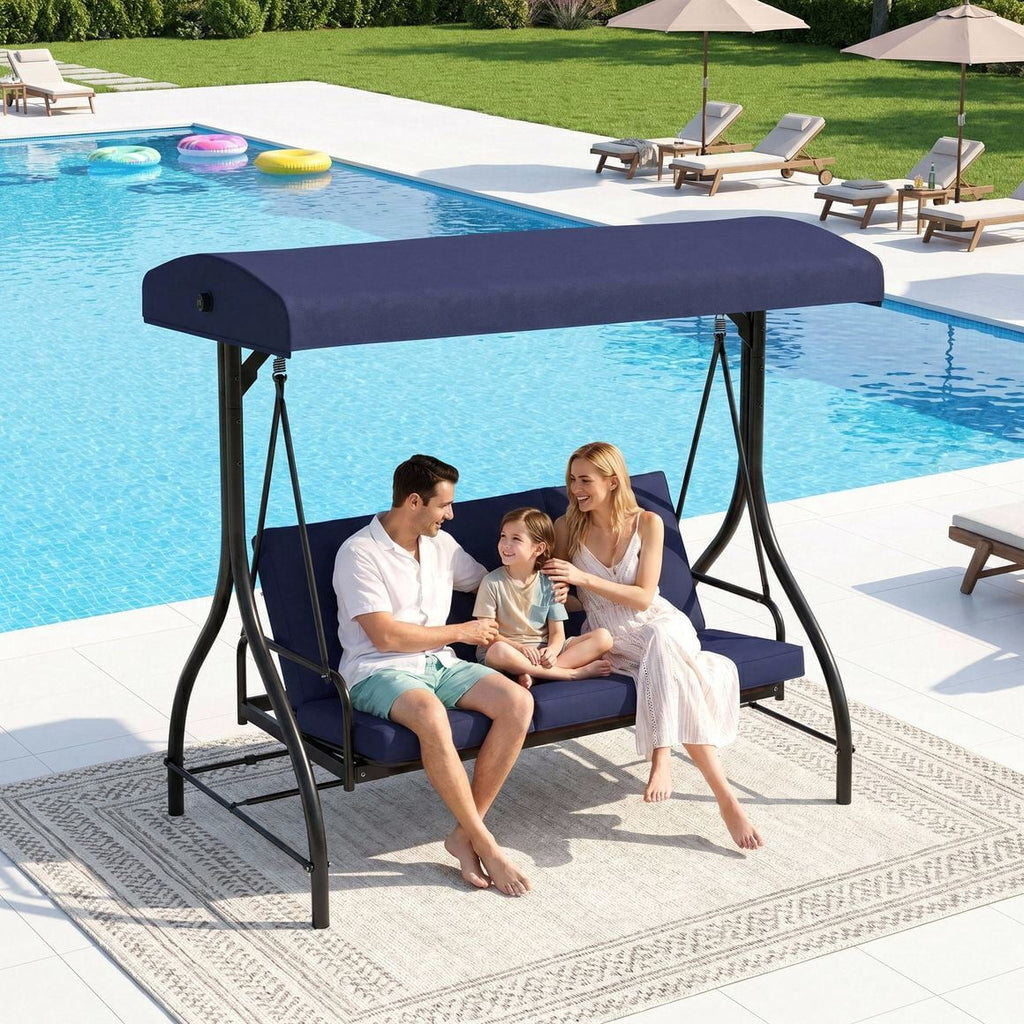 Arlopu 3-Seat Patio Swing Chair, Outdoor Converting Canopy Swing Glider Patio Hammock w/ Removable Cushions, Blue