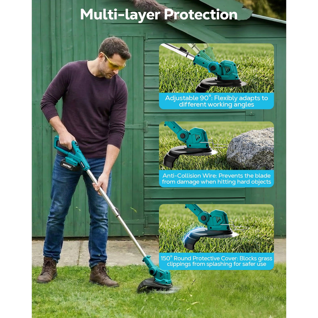HOTREE 21V Cordless Weed Eater & String Trimmer, Foldable 3-in-1 Weed Wacker, Edger and Brush Cutter with Digital Display, 2.0Ah Batteries & Charger
