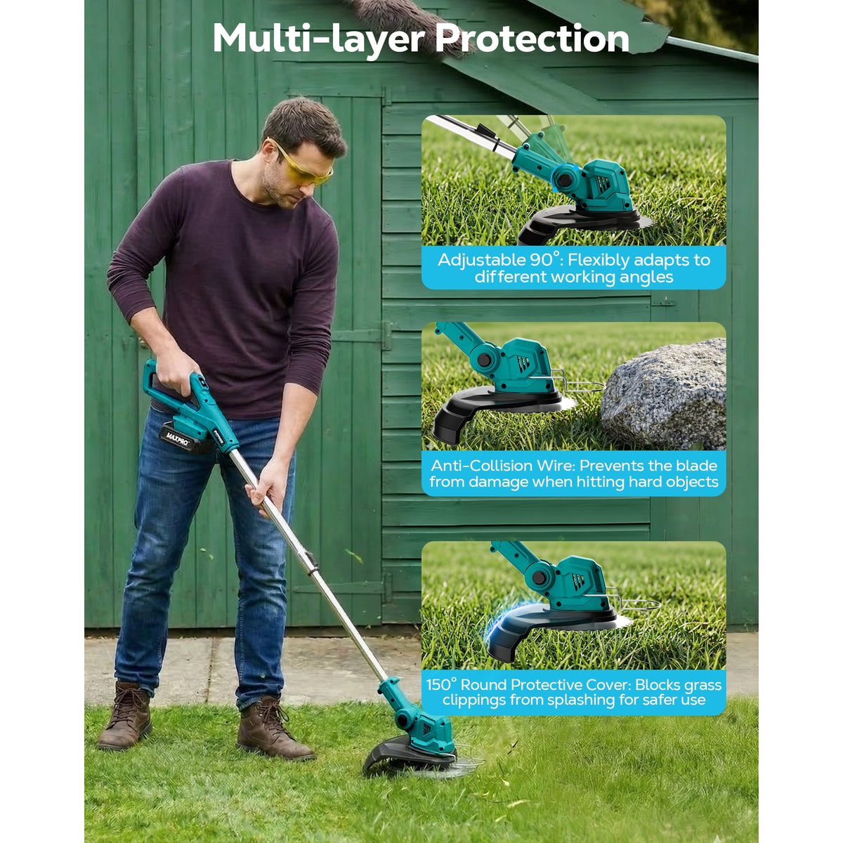 HOTREE 21V Cordless Weed Eater & String Trimmer, Foldable 3-in-1 Weed Wacker, Edger and Brush Cutter with Digital Display, 2.0Ah Batteries & Charger