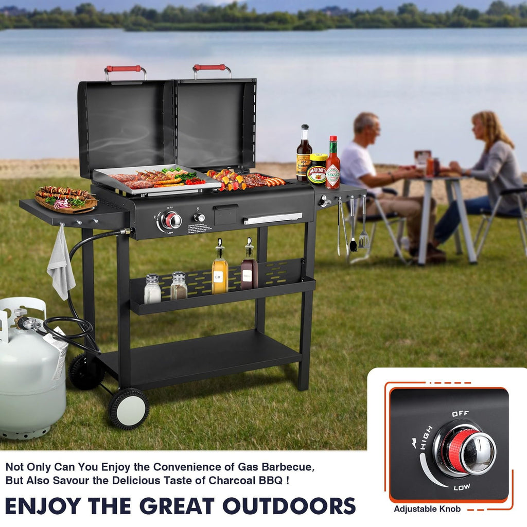 Frizi Charcoal and Gas Grill Combo with Black Dual Lids, Dual Fuel Propane Gas Grill with 2 Side Shelves for Outdoor Backyard Barbecue Cooking