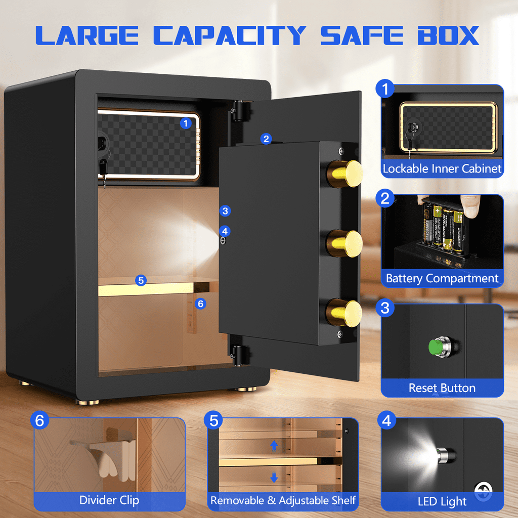 RYCUZO 5.0 Cuft Large Safe Box, Security Home Safe with Interior Safe Lock Box, Fireproof Waterproof Document Bag, Electronic Keypad Digital Lock