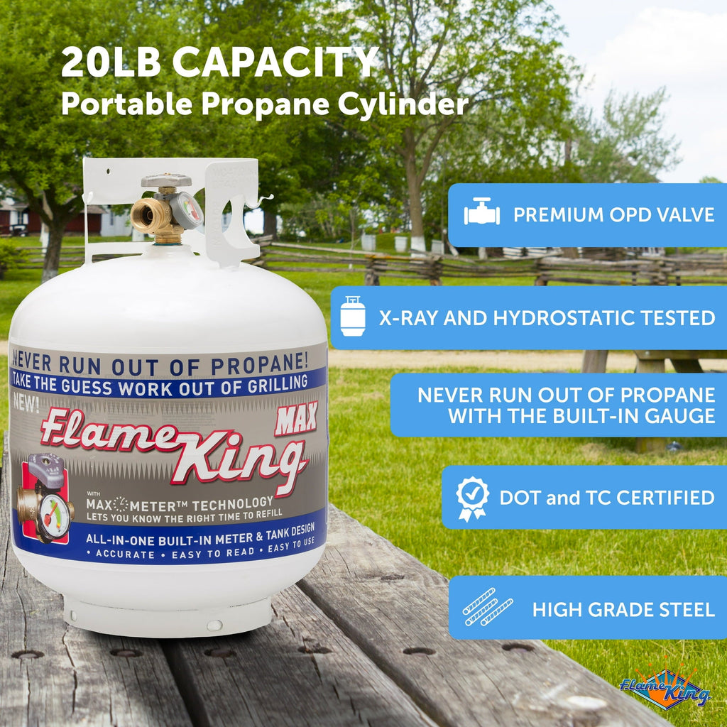 Flame King 20 lb Steel Propane Cylinder Tank with Built-in Gauge, OPD Valve, Pre-Purged, DOT & Transport Canada Certified, Empty LP Gas Tank