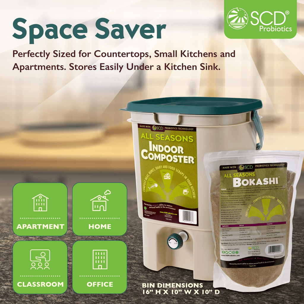 All Seasons Indoor Composting Kit, 5 Gallon Tan Composting Bin with Bokashi Compost Starter