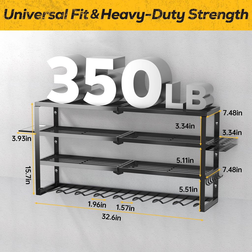 Riousery Power Tool Organizer Wall Mount, 4-Tier Heavy-Duty Carbon Steel Storage Rack with 8 Drill Holders, 3 Side Hooks, 350 LBS Capacity