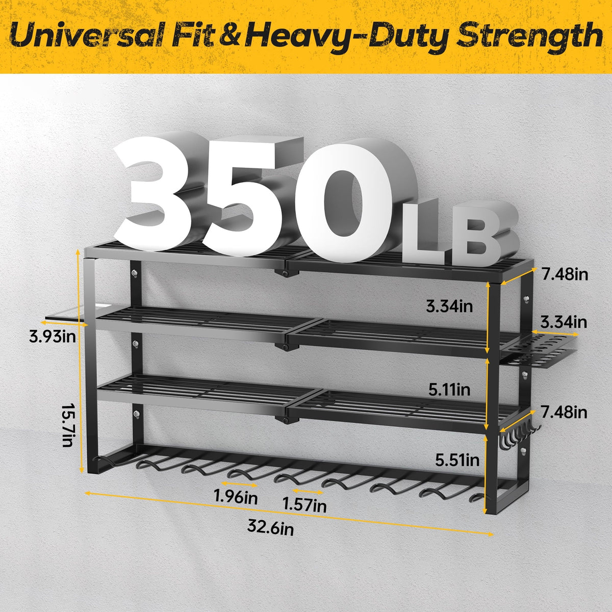 Riousery Power Tool Organizer Wall Mount, 4-Tier Heavy-Duty Carbon Steel Storage Rack with 8 Drill Holders, 3 Side Hooks, 350 LBS Capacity