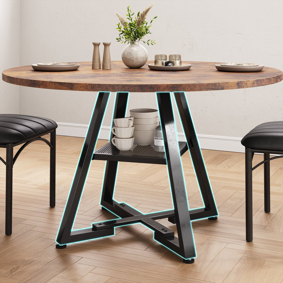 HiJob 47 inch Wood Dining Table for 4, Round Kitchen Dining Table with Storage Shelf for Home Dining Room Living Room, Brown(Only Table)