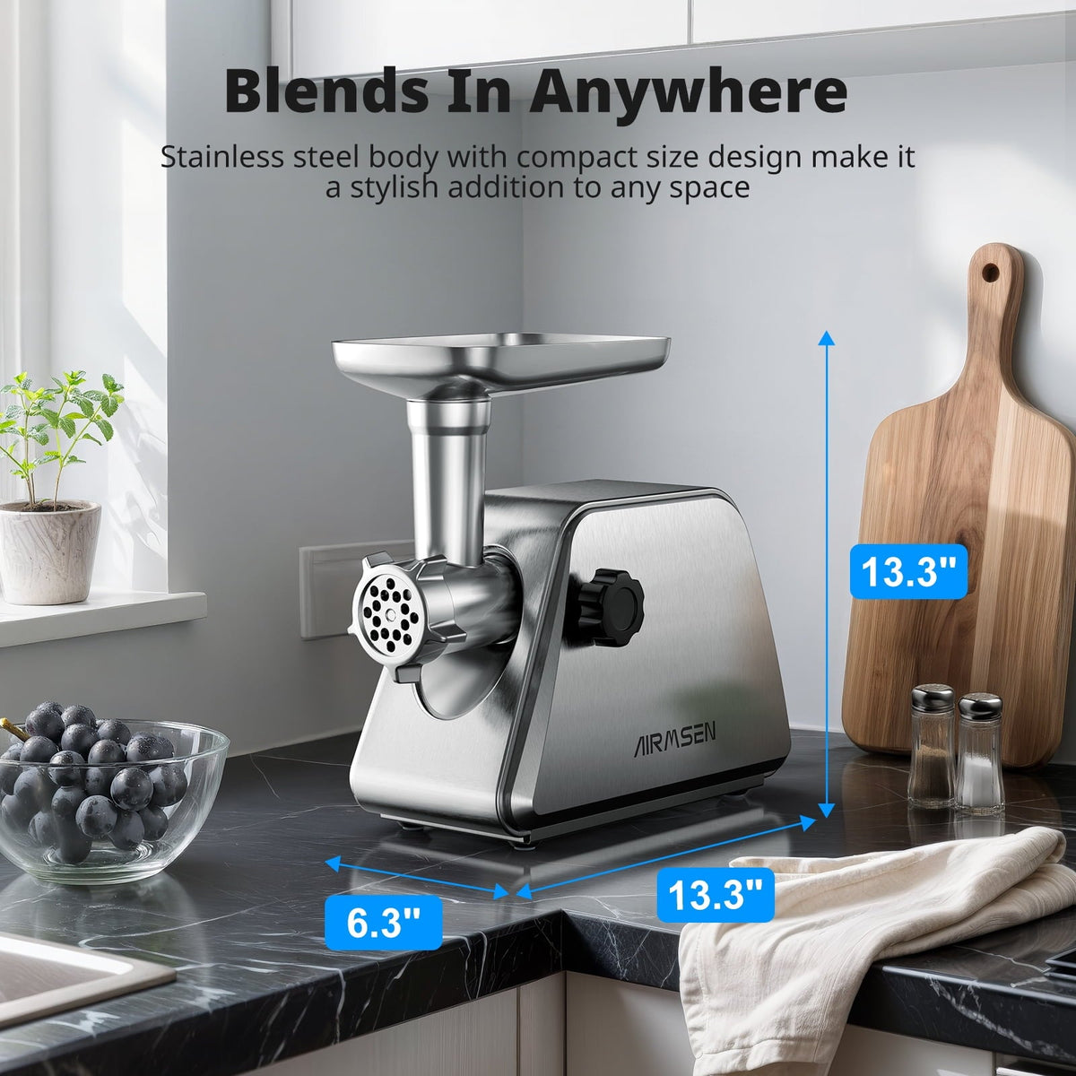 AIRMSEN Stainless Steel Meat Grinder, Electric 3 in 1 Meat Mincer with 2 Blades & 3 Plates, Sausage & Kubbe Maker Kit, Fixed Lock, Double Switch